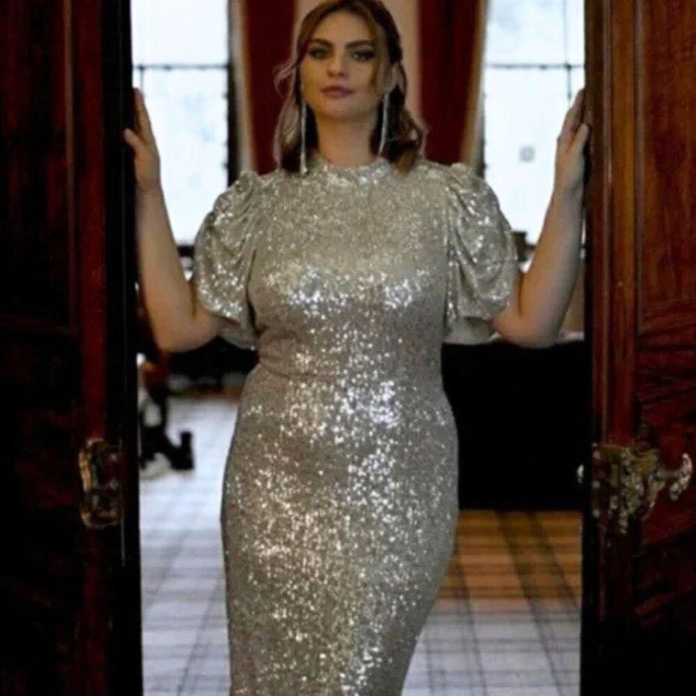 H&M Puff Sleeve Sequin Midi Dress Size Large